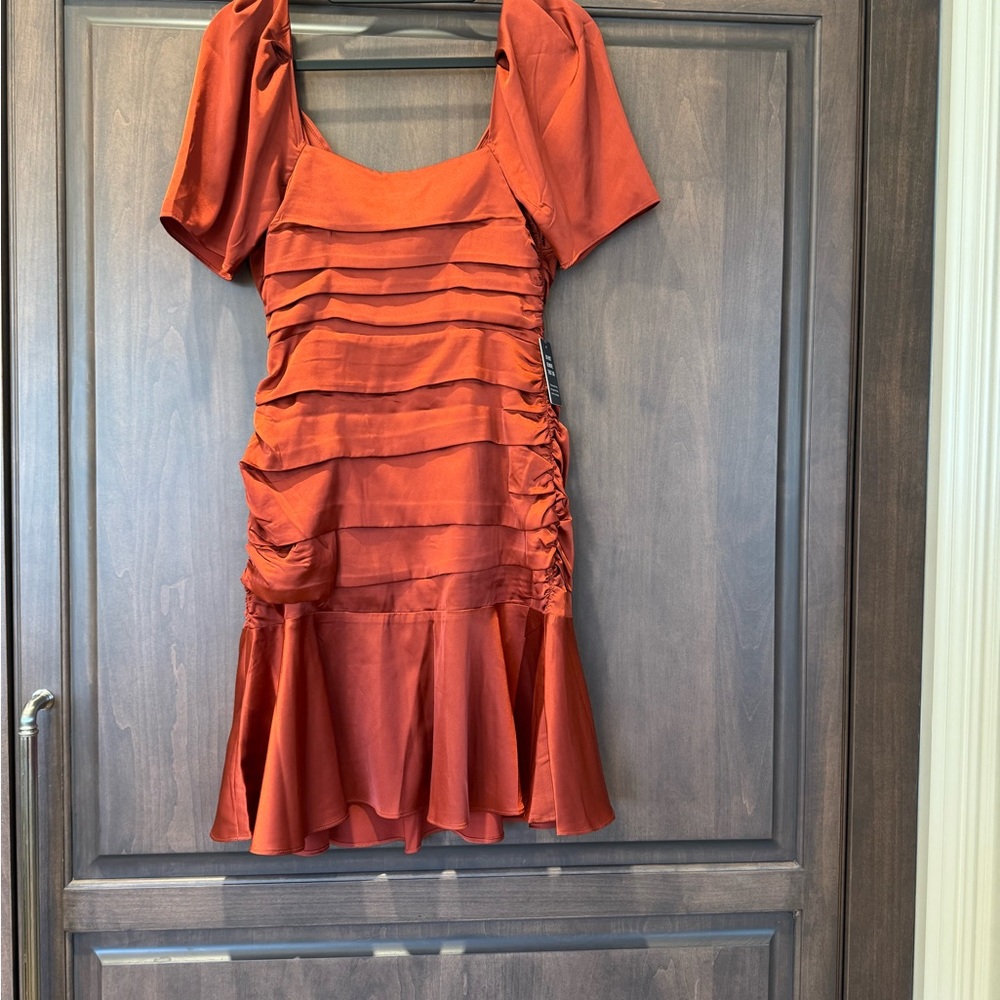 Satin Ruched Mini Dress in Rust Red - Picture 7 of 11